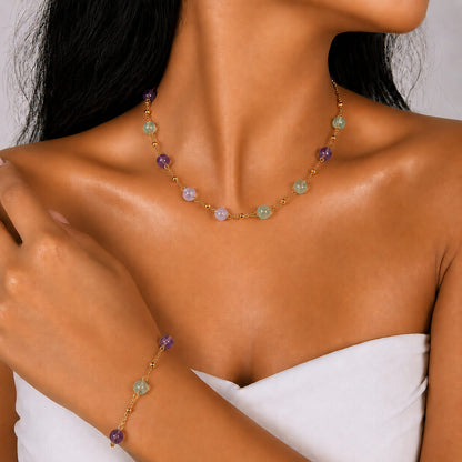 Amazonite gold-plated silver chain necklace and bracelet set, worn on the wrist — amazonite for clarity