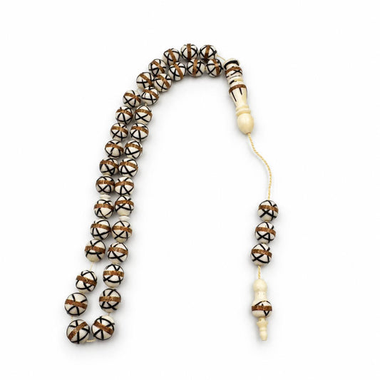 Camel bone mesbah 33 beads with engraved black lines and copper-tone bands — AtiQ & Jade Dubai
