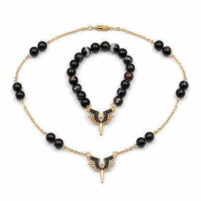 Black Agate gemstone stations gold-plated silver chain necklace and bracelet set — AtiQ & Jade Dubai