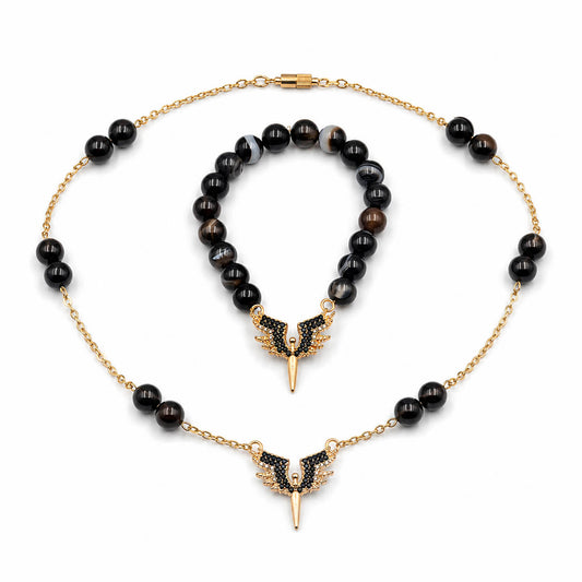 Black Agate gemstone stations gold-plated silver chain necklace and bracelet set — AtiQ & Jade Dubai