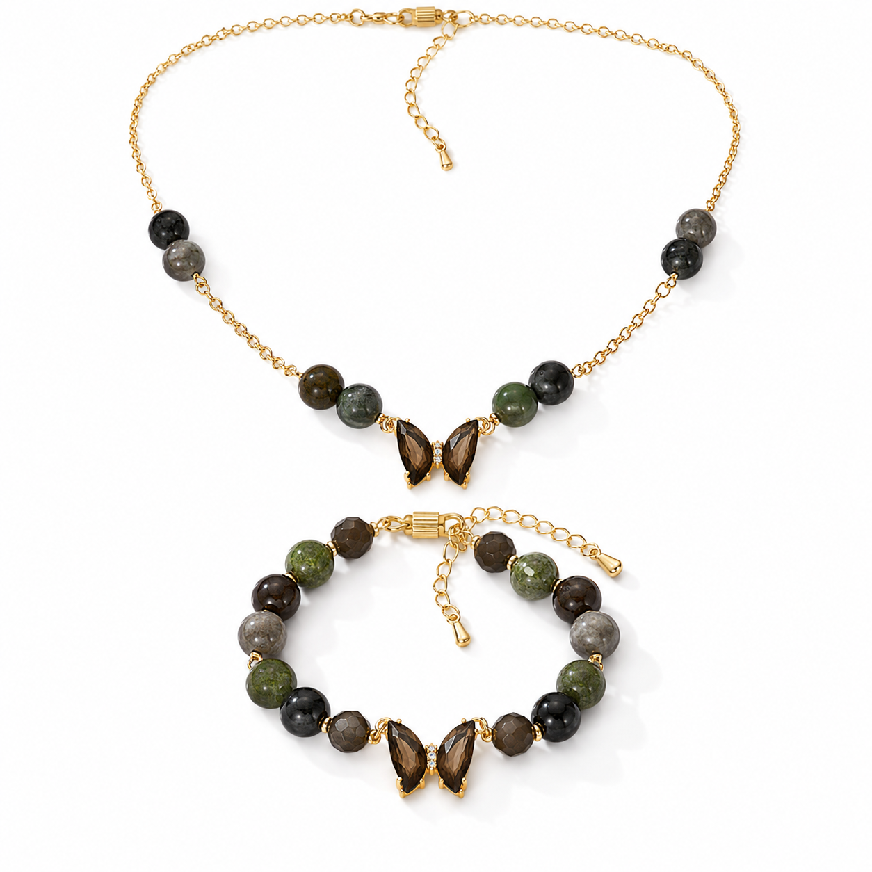  Bloodstone silver gold plated chain necklace and bracelet set worn on model — AtiQ & Jade Dubai