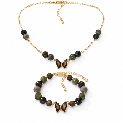  Bloodstone silver gold plated chain necklace and bracelet set worn on model — AtiQ & Jade Dubai