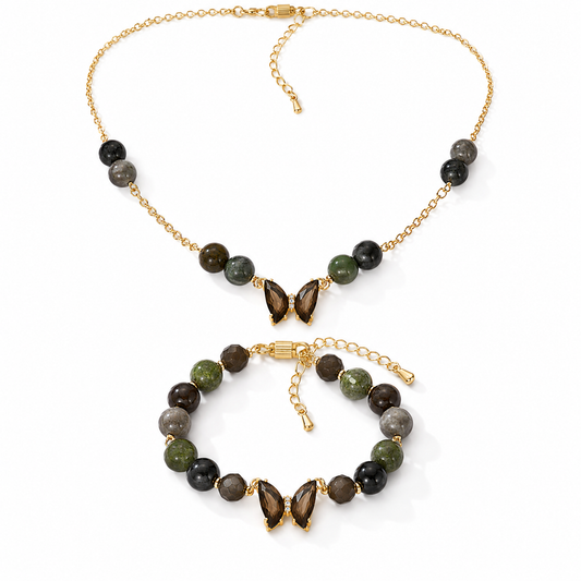  Bloodstone silver gold plated chain necklace and bracelet set worn on model — AtiQ & Jade Dubai