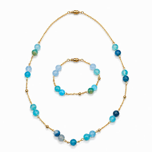 Blue Agate gemstone stations gold-plated silver chain necklace and bracelet set — AtiQ & Jade Dubai
