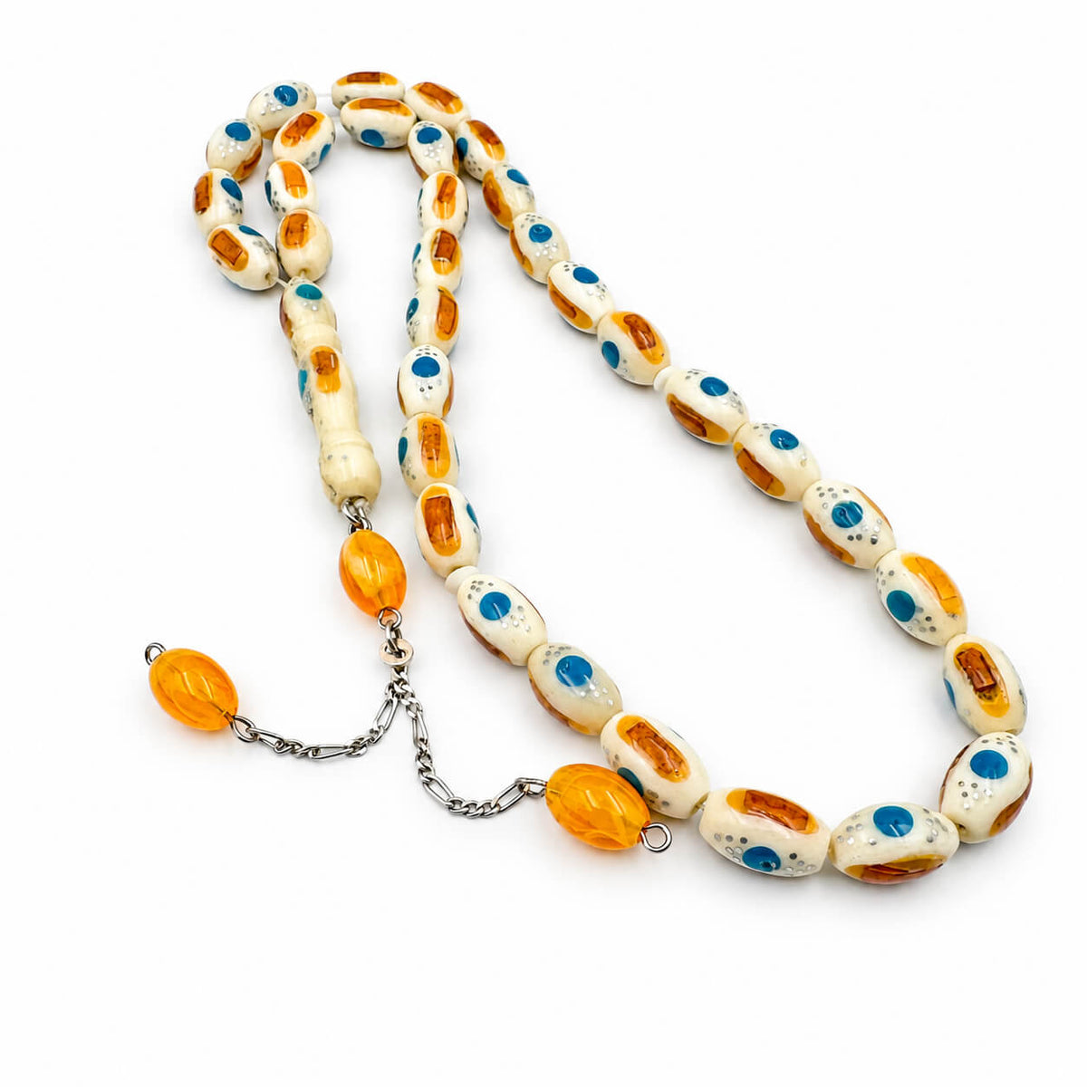 Camel bone tasbeeh with silver chain tassel and Miski drops — buy luxury mesbah UAE