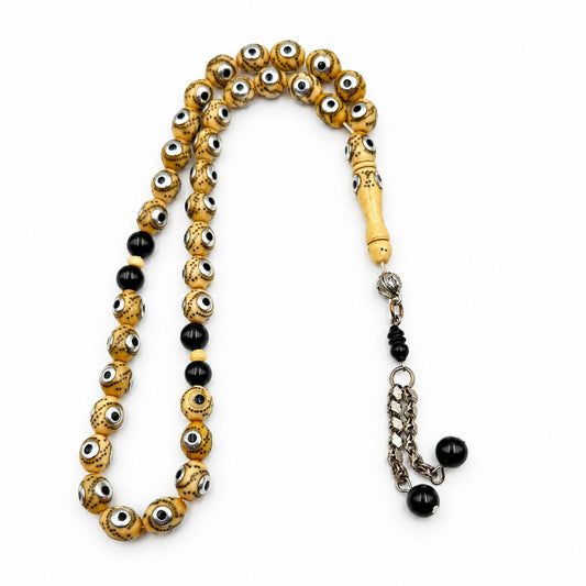 Camel bone mesbah 33 beads with silver-ringed eye inlay and black accents — AtiQ & Jade Dubai