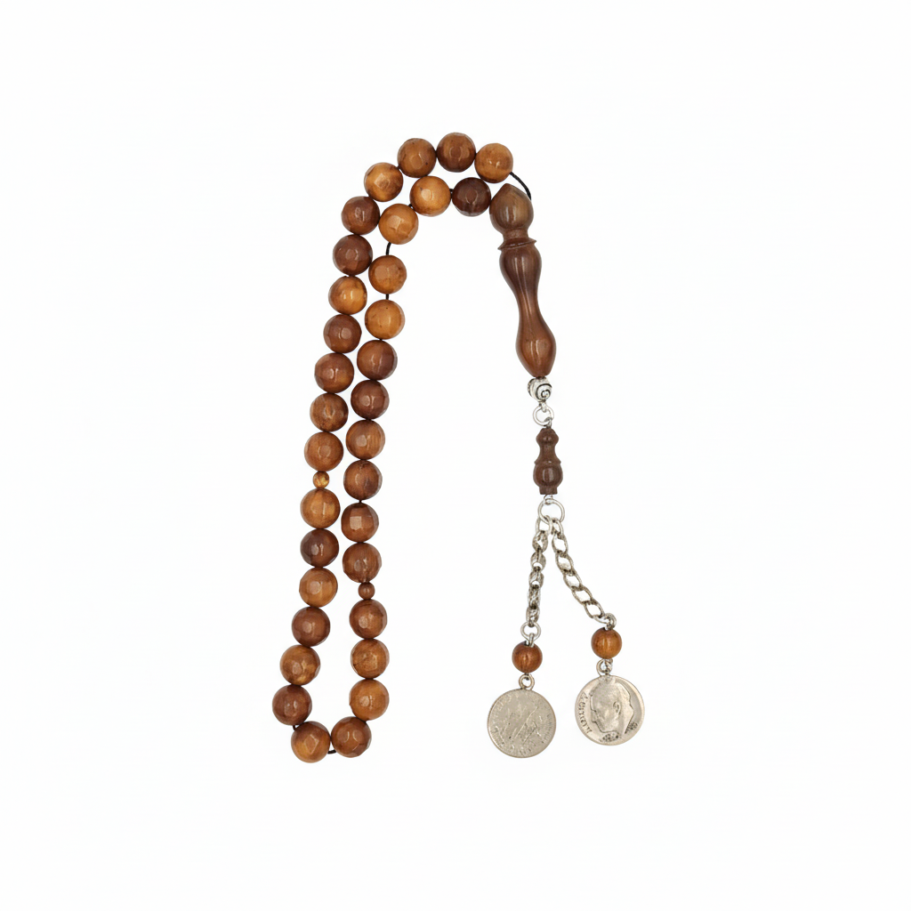 Carved from the resilient Narjil (Coconut) Shell, this tasbih combines organic warmth with metallic precision. Each bead is inlaid with striking Silver-Tone with Red and Blue Craftings.