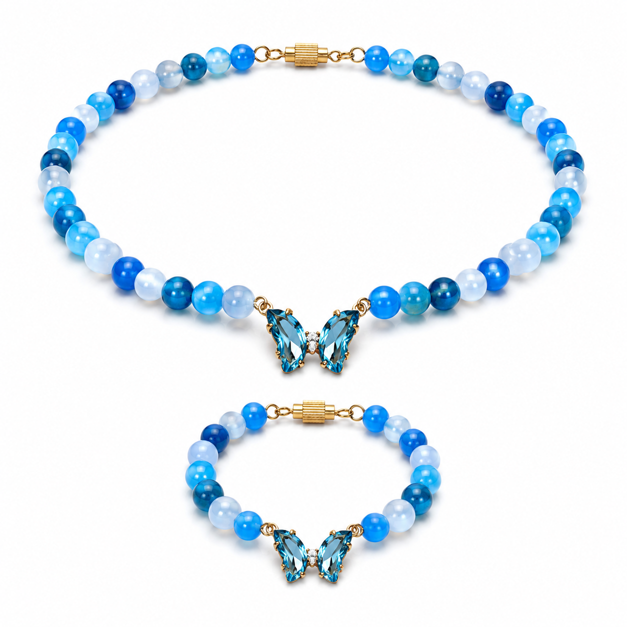 Blue Agate gemstone beaded necklace and bracelet set worn on model — AtiQ & Jade Dubai
