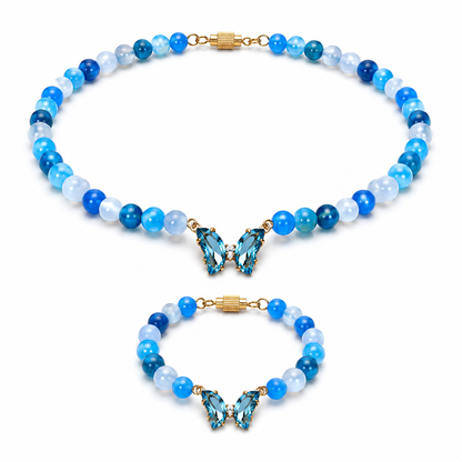 Blue Agate gemstone beaded necklace and bracelet set worn on model — AtiQ & Jade Dubai
