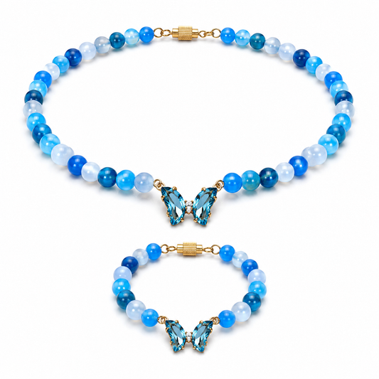 Blue Agate gemstone beaded necklace and bracelet set worn on model — AtiQ & Jade Dubai
