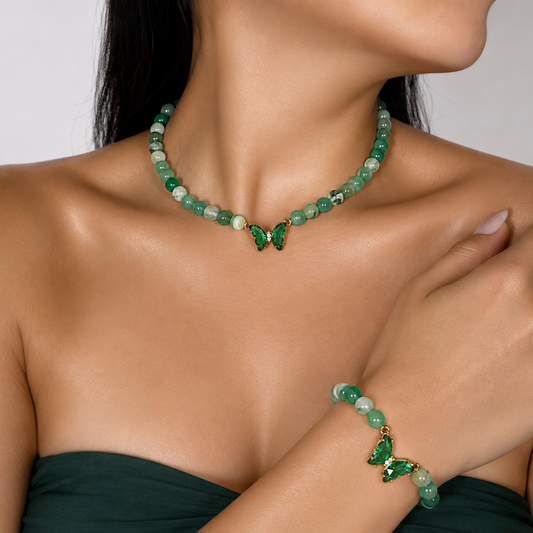 Green Agate beaded gemstone necklace and bracelet set on white background

