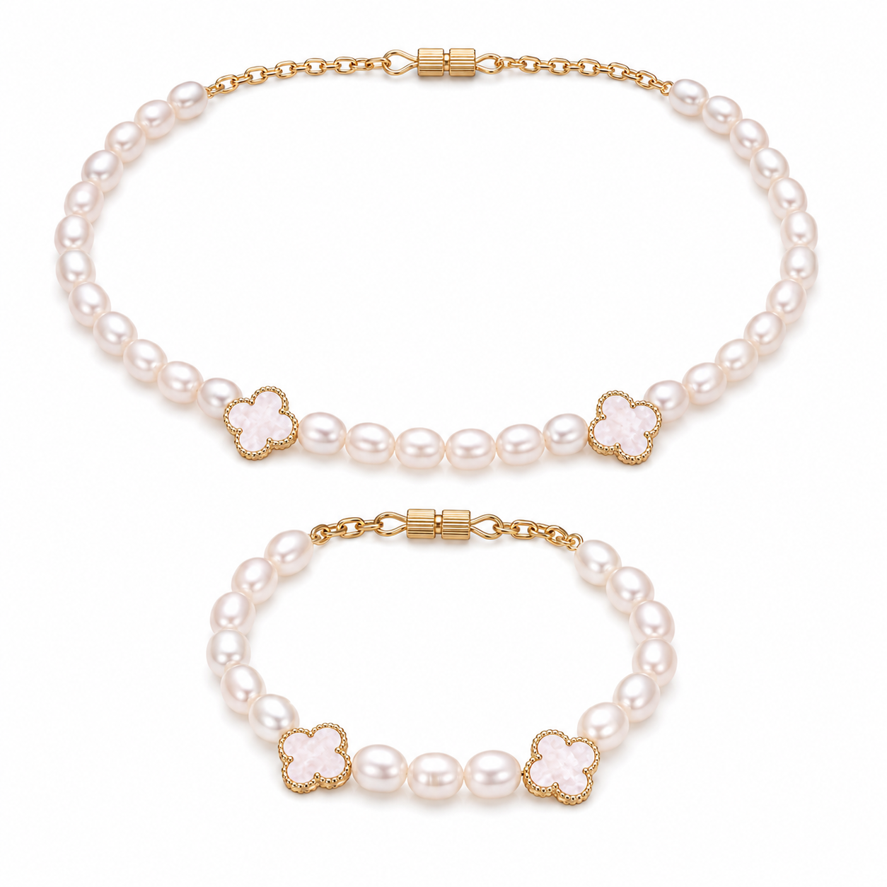  White Pearl freshwater gemstone beaded necklace and bracelet set worn on model — AtiQ & Jade Dubai

