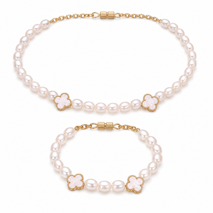  White Pearl freshwater gemstone beaded necklace and bracelet set worn on model — AtiQ & Jade Dubai
