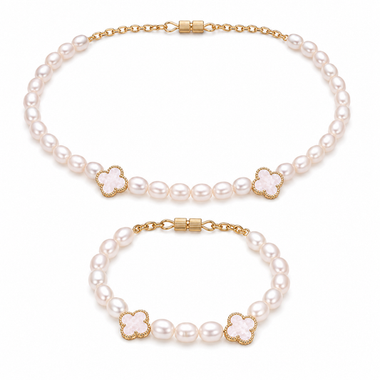  White Pearl freshwater gemstone beaded necklace and bracelet set worn on model — AtiQ & Jade Dubai
