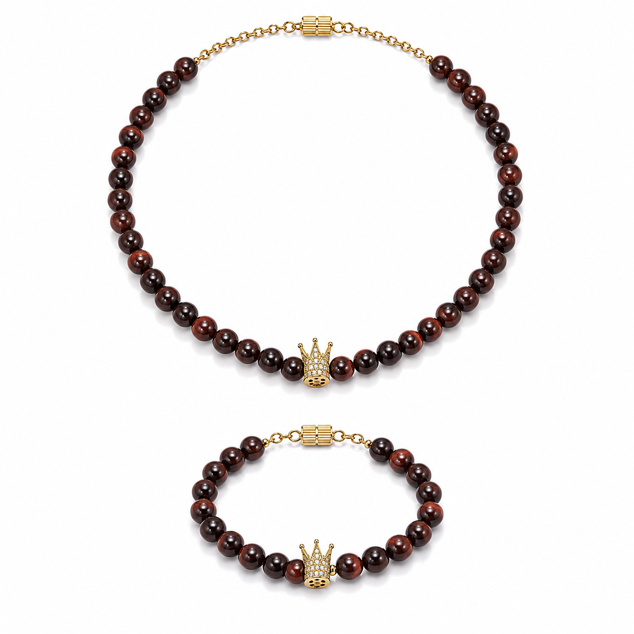  Red Tiger Eye silver gold plated chain necklace and bracelet set worn on model — AtiQ & Jade Dubai