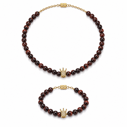  Red Tiger Eye silver gold plated chain necklace and bracelet set worn on model — AtiQ & Jade Dubai