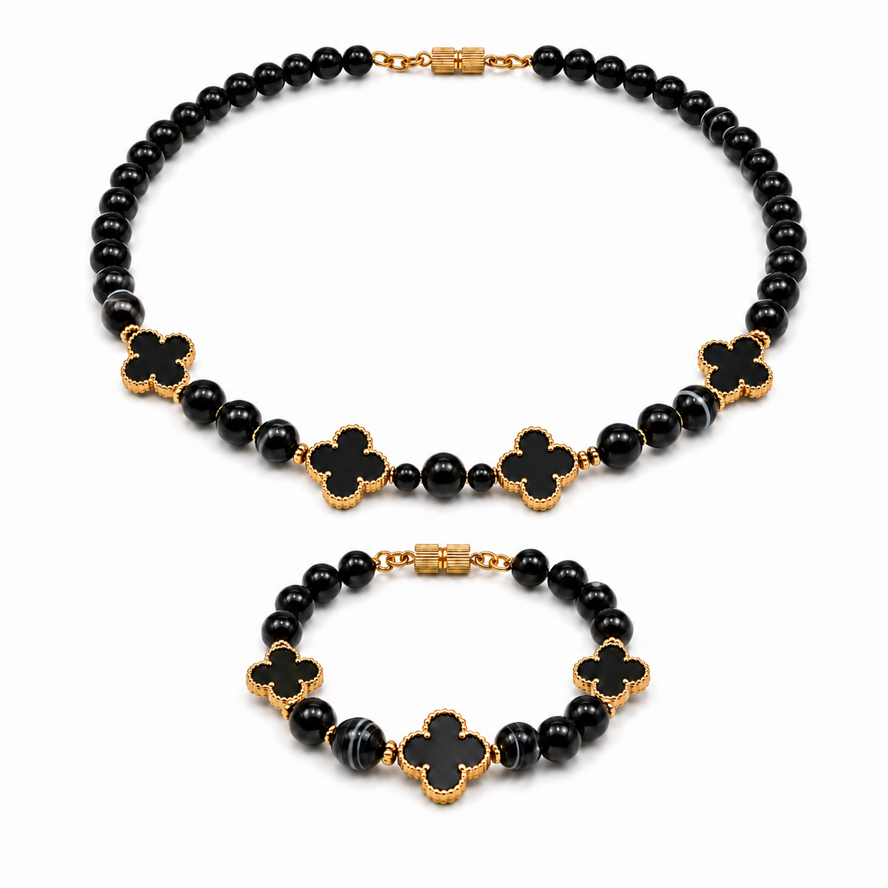  Black Agate gemstone beaded necklace and bracelet set worn on model — AtiQ & Jade Dubai