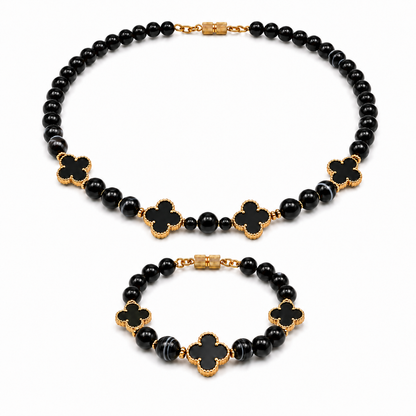  Black Agate gemstone beaded necklace and bracelet set worn on model — AtiQ & Jade Dubai