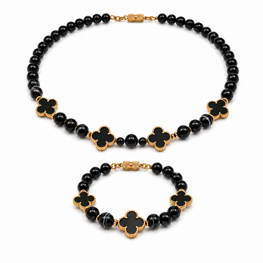  Black Agate gemstone beaded necklace and bracelet set worn on model — AtiQ & Jade Dubai