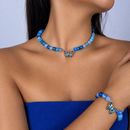 Blue Agate gemstone beaded necklace and bracelet set worn on model — AtiQ & Jade Dubai

