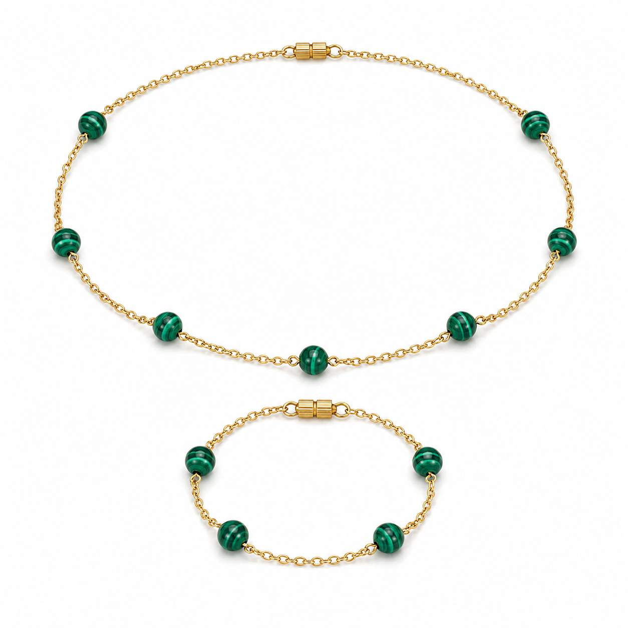  Malachite silver gold plated chain necklace and bracelet set worn on model — AtiQ & Jade Dubai
