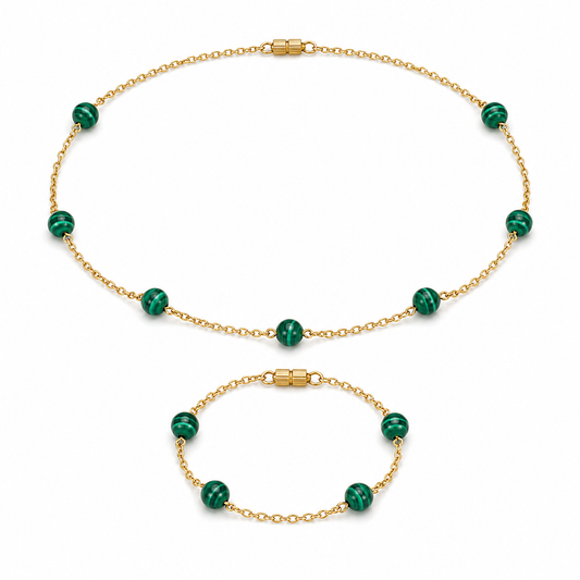  Malachite silver gold plated chain necklace and bracelet set worn on model — AtiQ & Jade Dubai
