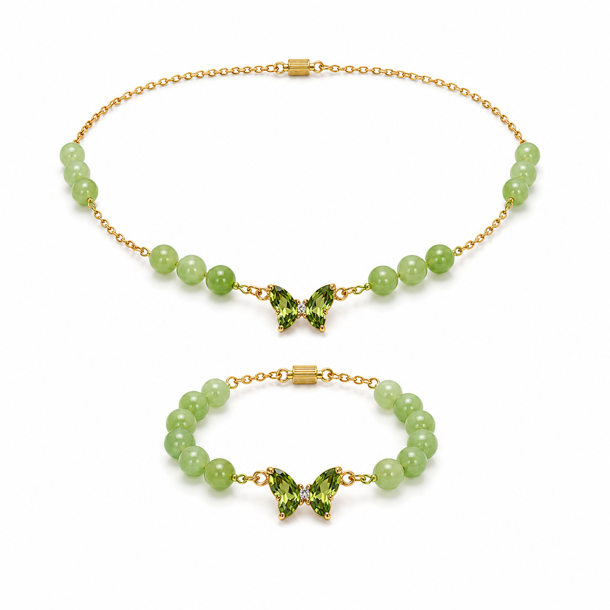 Jade silver gold plated chain necklace and bracelet set worn on model — AtiQ & Jade Dubai