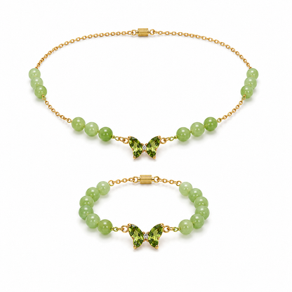 Jade silver gold plated chain necklace and bracelet set worn on model — AtiQ & Jade Dubai