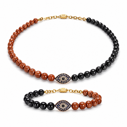 Brown and Dark Goldstone gemstone beaded necklace and bracelet set worn on model — AtiQ & Jade Dubai
