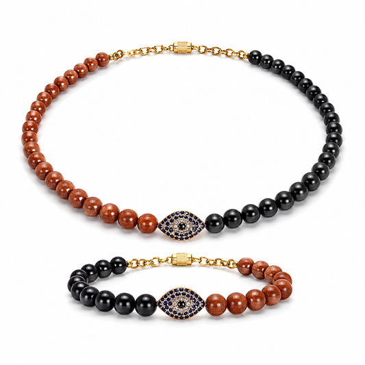 Brown and Dark Goldstone gemstone beaded necklace and bracelet set worn on model — AtiQ & Jade Dubai
