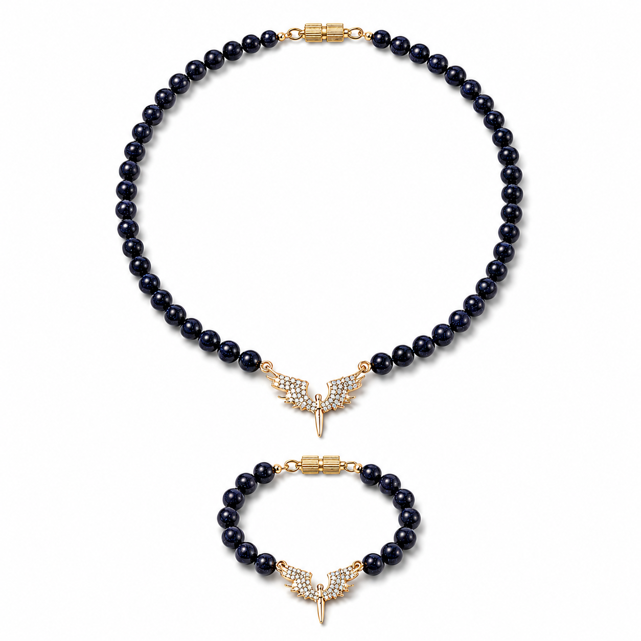   Dark Goldstone gemstone beaded necklace and bracelet set worn on model — AtiQ & Jade Dubai