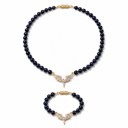   Dark Goldstone gemstone beaded necklace and bracelet set worn on model — AtiQ & Jade Dubai