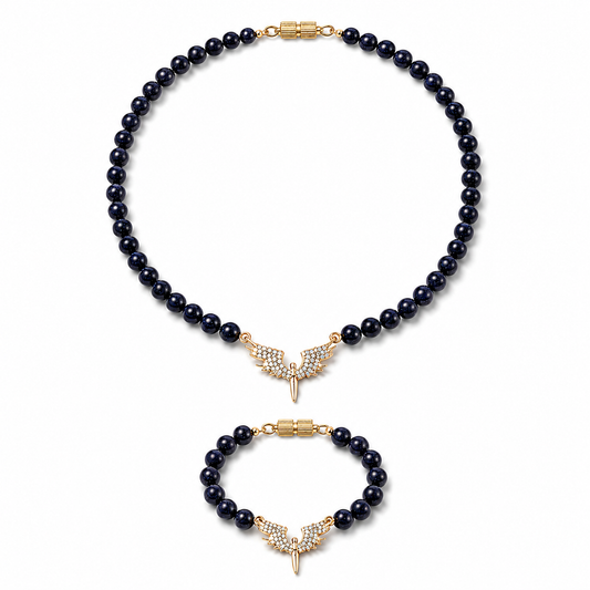   Dark Goldstone gemstone beaded necklace and bracelet set worn on model — AtiQ & Jade Dubai