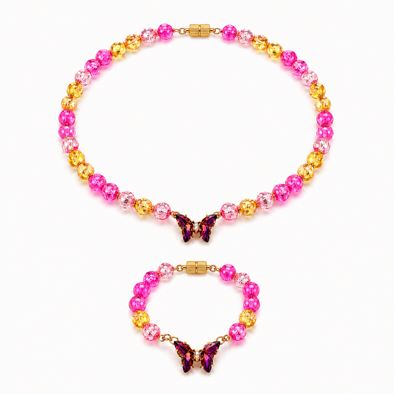  Fluorite multicolour gemstone beaded necklace and bracelet set worn on model — AtiQ & Jade Dubai
