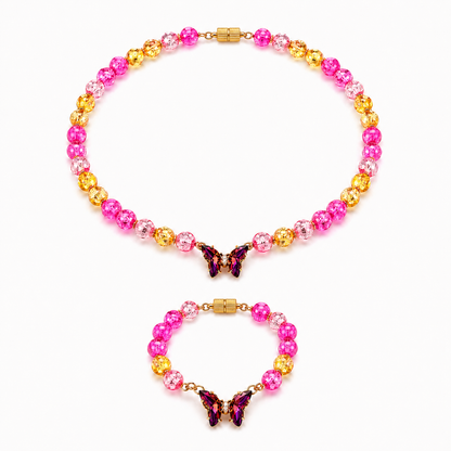  Fluorite multicolour gemstone beaded necklace and bracelet set worn on model — AtiQ & Jade Dubai

