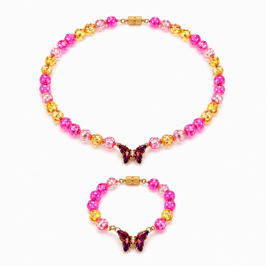  Fluorite multicolour gemstone beaded necklace and bracelet set worn on model — AtiQ & Jade Dubai
