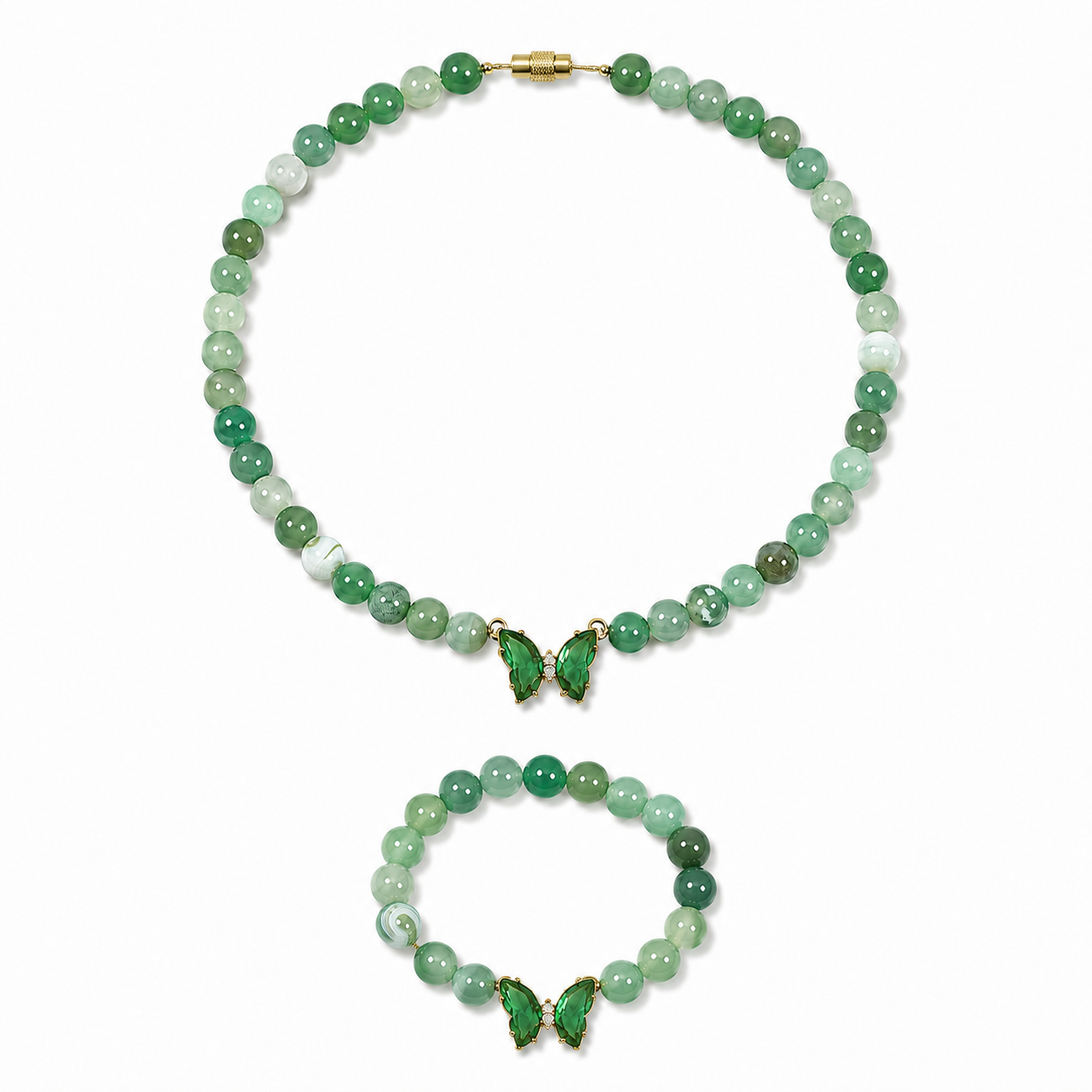  Green Agate gemstone beaded necklace and bracelet set worn on model — AtiQ & Jade Dubai
