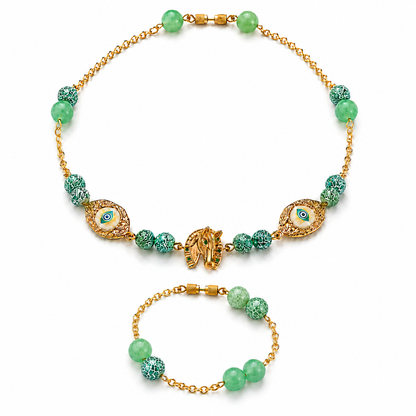Green Agate Silver Gold Plated Chain Necklace & Bracelet
