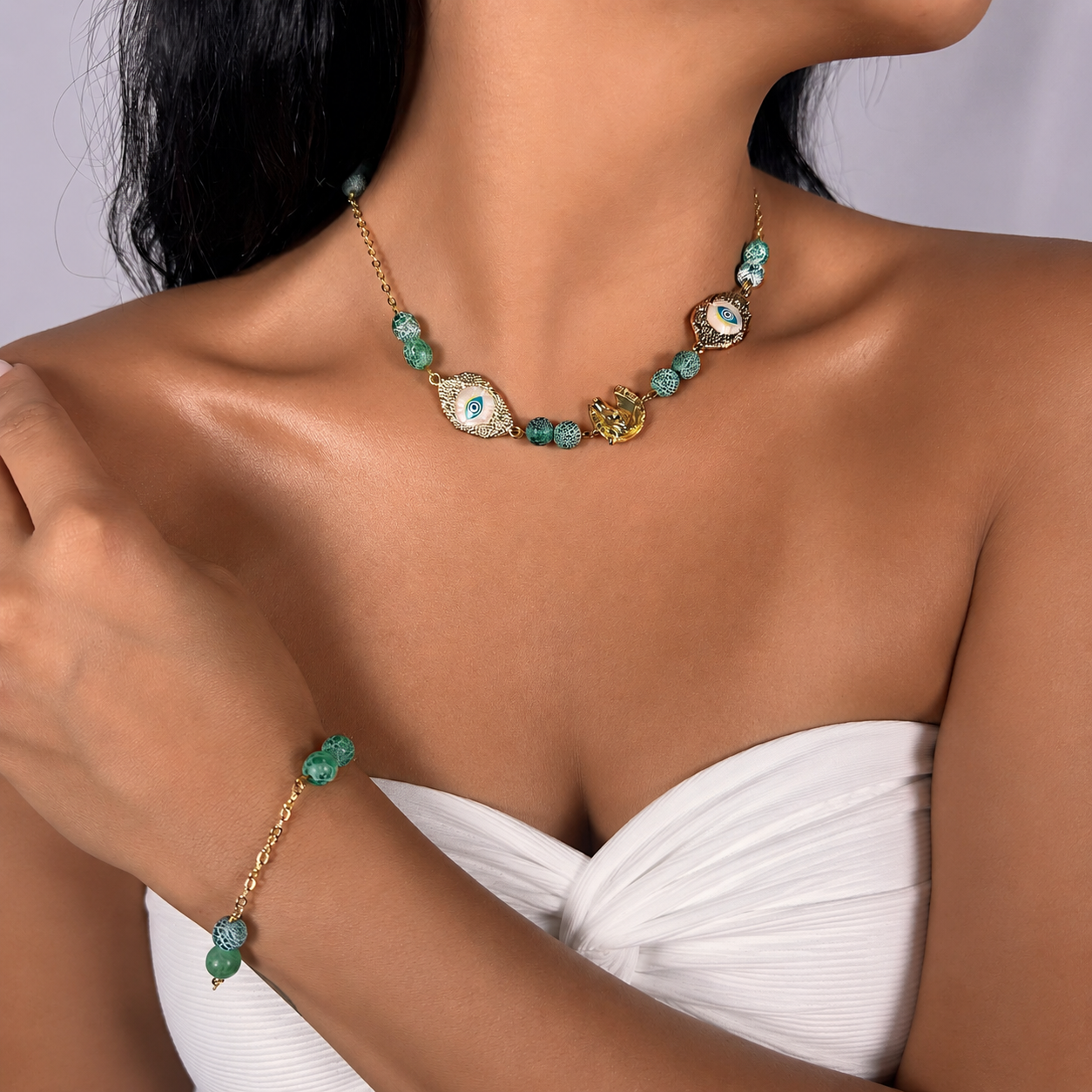 Green Agate Silver Gold Plated Chain Necklace & Bracelet