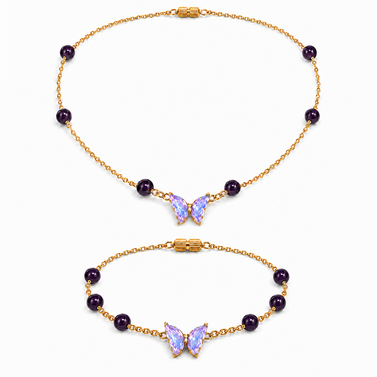Amethyst Silver Gold Plated Chain Necklace & Bracelet
