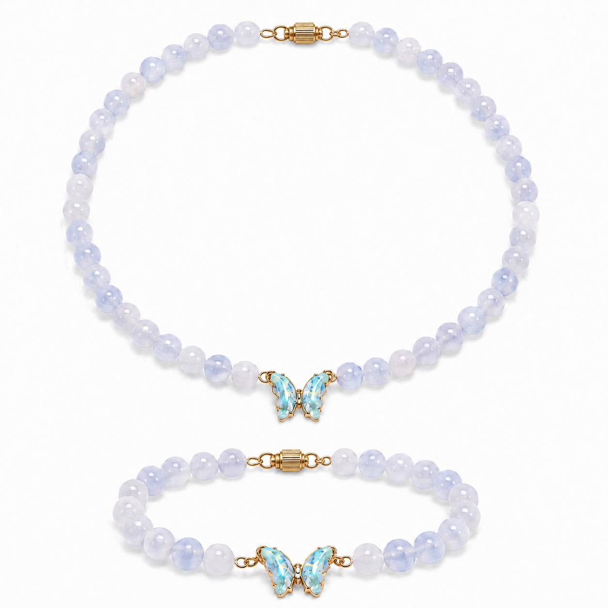  Moonstone gemstone beaded necklace and bracelet set worn on model — AtiQ & Jade Dubai
