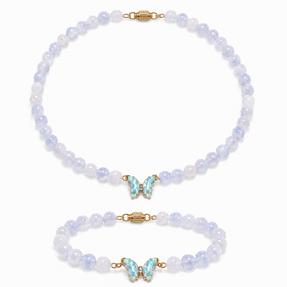  Moonstone gemstone beaded necklace and bracelet set worn on model — AtiQ & Jade Dubai
