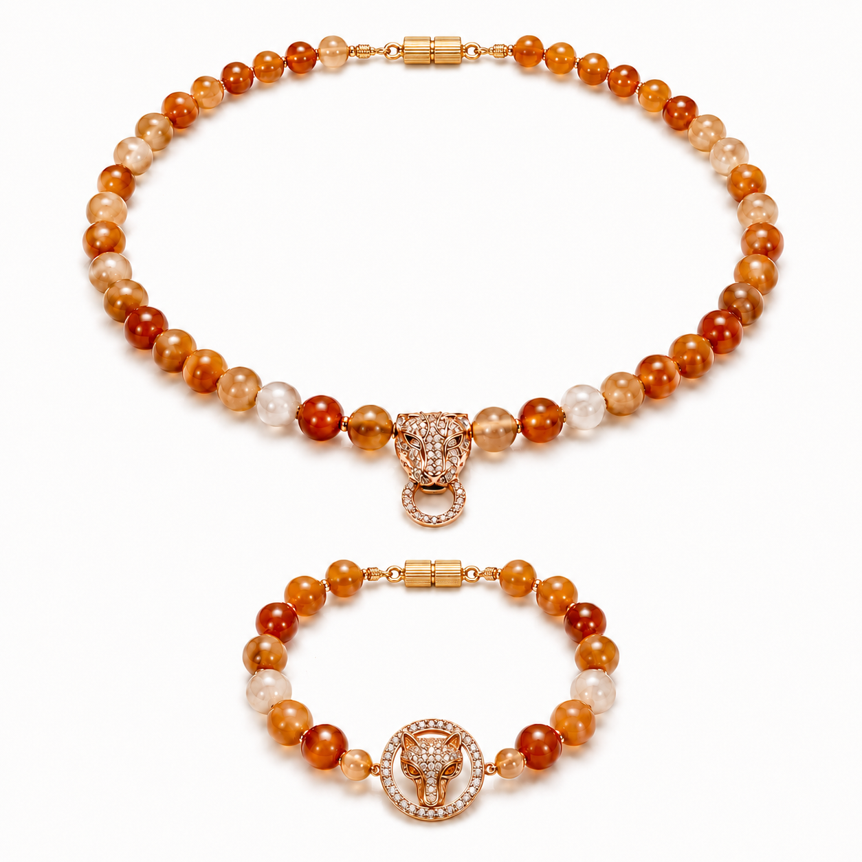  Orange Agate gemstone beaded necklace and bracelet set worn on model — AtiQ & Jade Dubai
