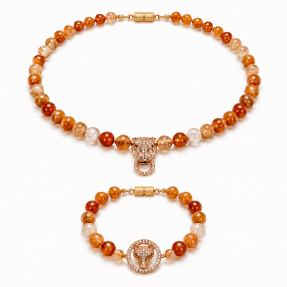  Orange Agate gemstone beaded necklace and bracelet set worn on model — AtiQ & Jade Dubai
