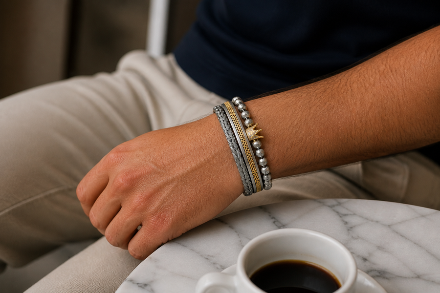 men's bracelet UAE bracelet set Dubai crown bracelet men silver gold bracelet stack luxury men's jewelery UAE gift for him Dubai stainless steel bracelet men rhodium bracelet UAE wrist stack men Dubai bracelet gift UAE