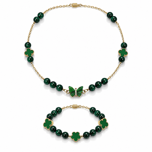 Green Tiger Eye silver gold plated chain necklace and bracelet set worn on model — AtiQ & Jade Dubai
