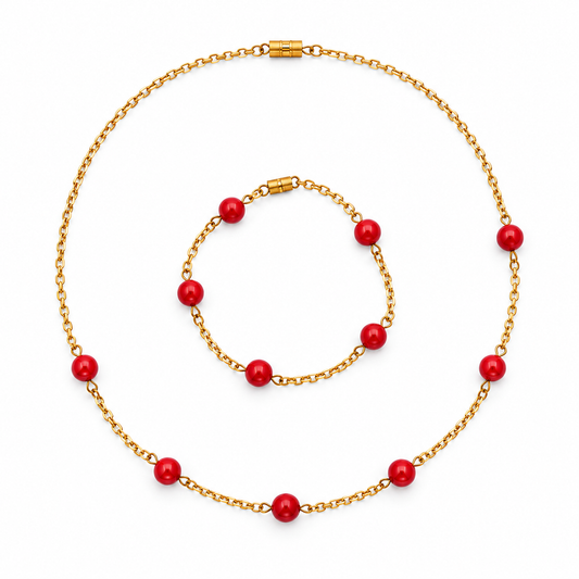 coral beads on a silver gold plated chain set - gift for women in UAE