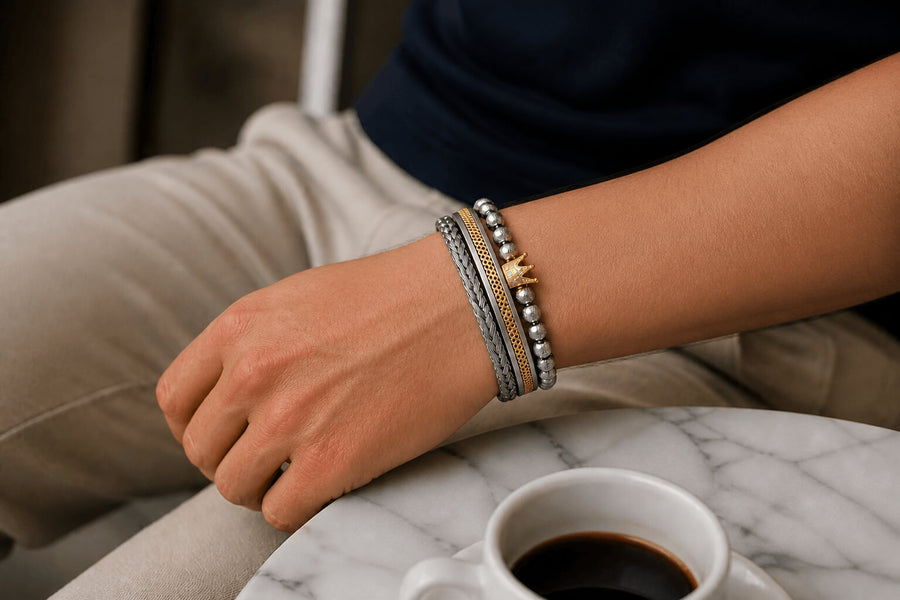 men's bracelet UAE bracelet set Dubai crown bracelet men silver gold bracelet stack luxury men's jewelery UAE gift for him Dubai stainless steel bracelet men rhodium bracelet UAE wrist stack men Dubai bracelet gift UAE