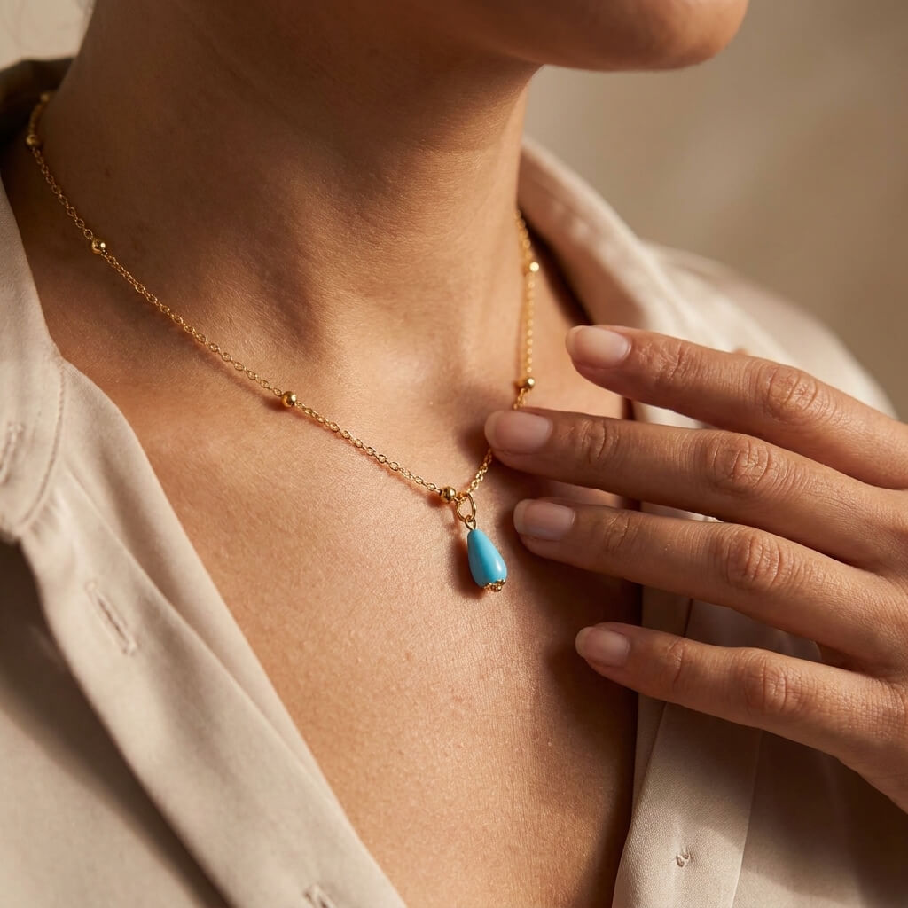 Fairouz turquoise necklace worn at the collarbone with a cream silk shirt — elegant everyday gemstone necklace