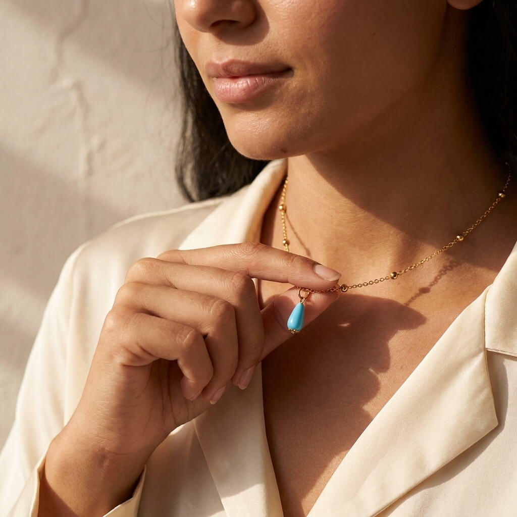 Woman holding a natural Fairouz turquoise teardrop pendant on a silver gold-plated chain — turquoise necklace Dubai
